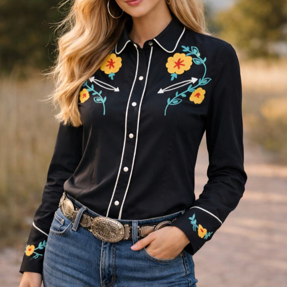 GUESS Georges Marciano Westerncore Embroidered Snap Button Shirt 2‎ Black Piped